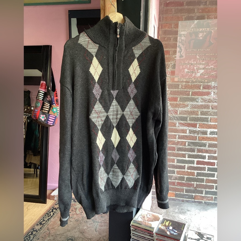 Men's Charcoal Argyle Zip-Up Sweater